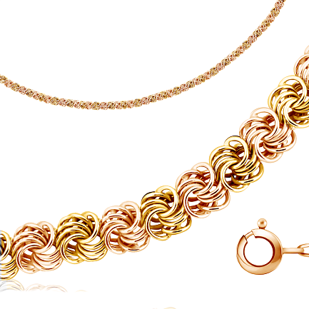 Браслет ручной работы из комбинированного золота с фианитом, плетение розочка