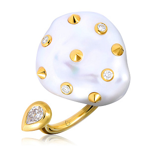 Кольцо из желтого золота с жемчугом, бриллиантом