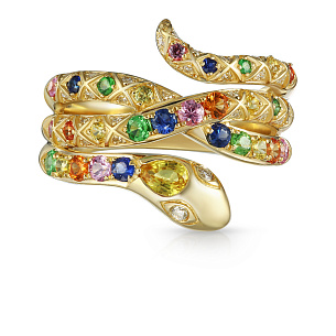 Золотое кольцо с бриллиантами, сапфирами