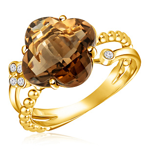 Золотое кольцо с бриллиантами, кварцем