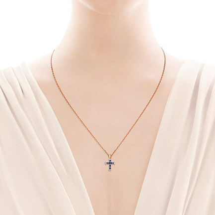 Крест из красного золота с  бриллиантами и сапфирами