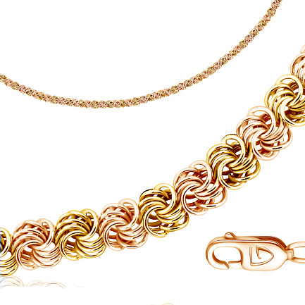 Цепь ручной работы из комбинированного золота, плетение розочка