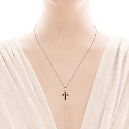 Крест из белого золота с бриллиантами и сапфирами