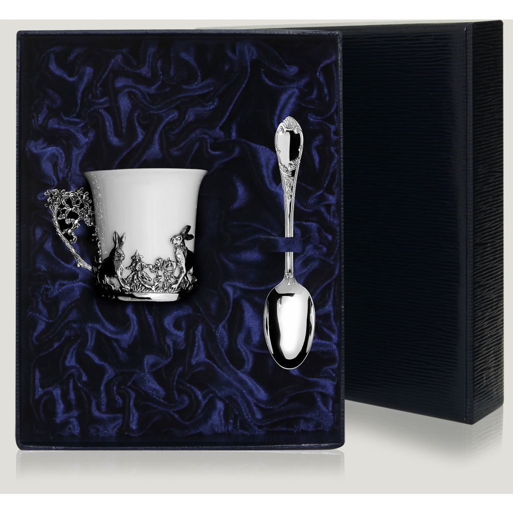 Серебряный кофейный набор «Зайцы» подставка для фруктов лист серебро 22×12×2 5 см серебряный