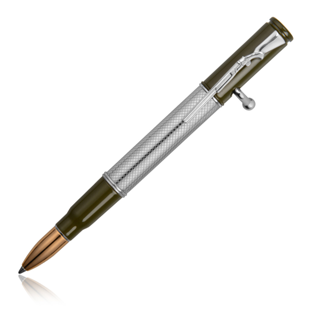 Ручка серебряная с настоящей гильзой, серебряный клип - дробовик, нажимной механизм в виде затвора R014100