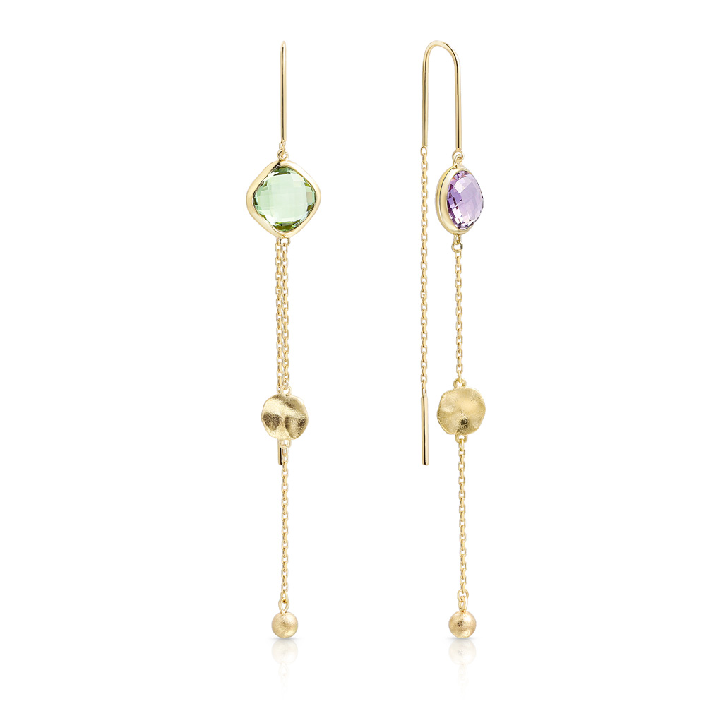 Серьги из желтого золота с аметистом, плетение якорное