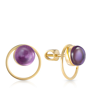Пусеты из желтого золота с аметистом