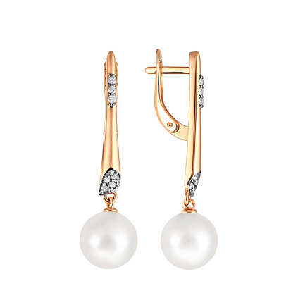 Серьги из красного золота с жемчугом, фианитом