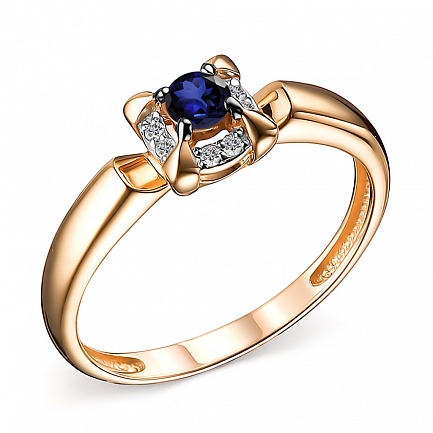 Кольцо из красного золота с бриллиантами, сапфиром