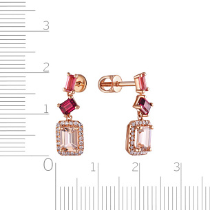 Серьги Пусеты из красного золота с морганитами, турмалинами, родолитами и бриллиантами