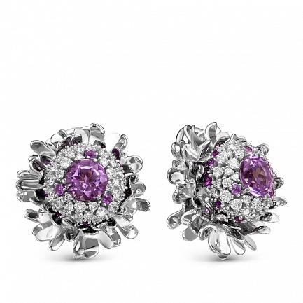 Серьги из белого золота с бриллиантами, аметистами
