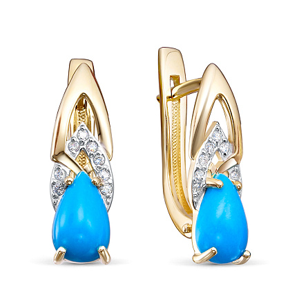 Серьги из желтого золота с бриллиантами, бирюзой