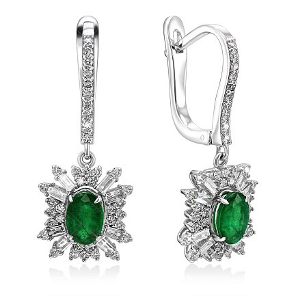 Серьги из белого золота с бриллиантами, изумрудом