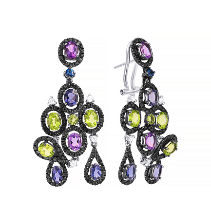 Серьги из белого золота с бриллиантами, аметистами