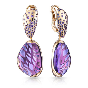 Серьги с английским замком из желтого золота с аметистами