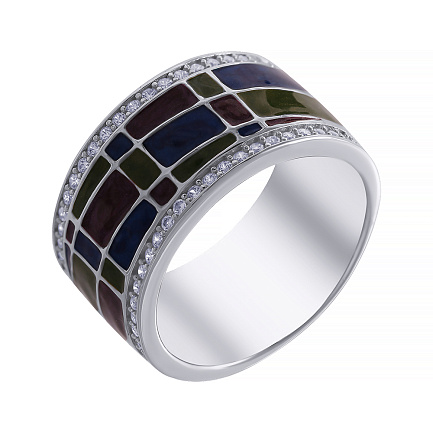 Кольцо из серебра с фианитом, эмалью