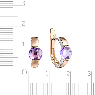 Серьги с английским замком из красного золота с аметистом, фианитом