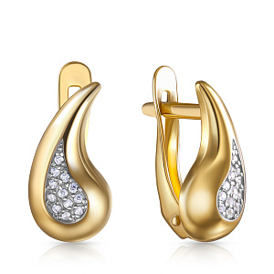 Серьги с английским замком из желтого золота с фианитом