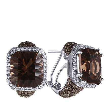 Серьги из белого золота с бриллиантами, раухтопазами