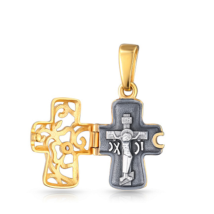 Крест-складень Цветочный серебряный с позолотой и с фианитом