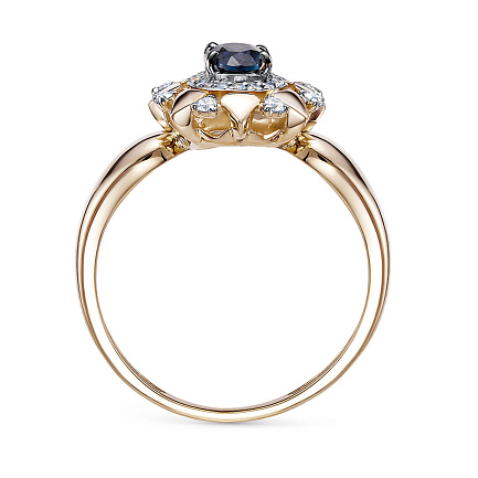 Кольцо из красного золота с бриллиантами, сапфиром