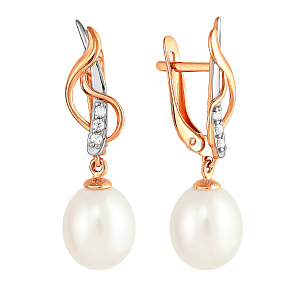 Серьги с английским замком из красного золота с жемчугом и фианитом