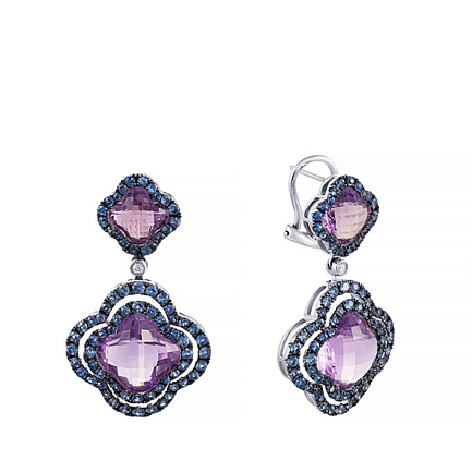 Серьги из белого золота с бриллиантами, аметистами