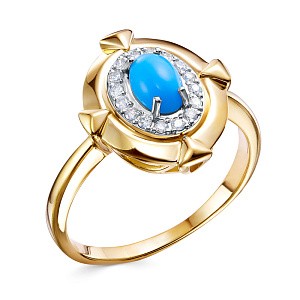Кольцо из желтого золота с бриллиантами, бирюзой