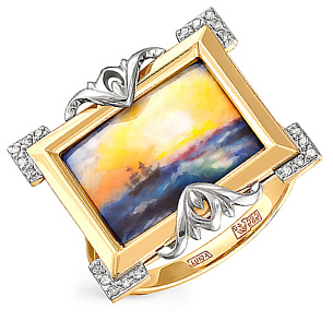 Кольцо из желтого золота с бриллиантами, финифтью