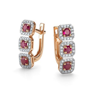 Серьги с английским замком из красного золота с рубинами и бриллиантами