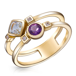 Кольцо из желтого золота с аметистами, бриллиантами