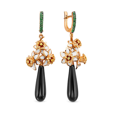 Серьги из красного золота с агатом, сапфирами