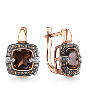 Серьги с раухтопазом, фианитом из красного золота с английским замком