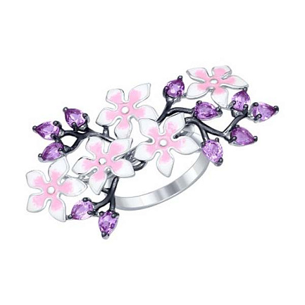Кольцо из серебра с эмалью "Розовые цветы"