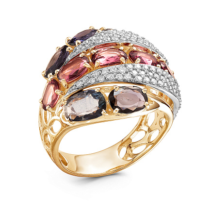 Кольцо из желтого золота с бриллиантами, сапфирами