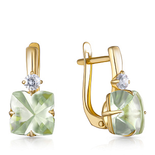 Серьги с английским замком из желтого золота с аметистом и фианитом