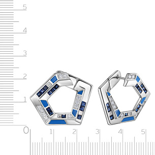 Серьги с английским замком из белого золота с бриллиантами, сапфирами, эмалью