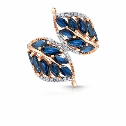 Кольцо из красного золота с бриллиантами, сапфирами