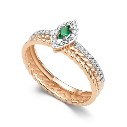 Кольцо из красного золота с бриллиантами, изумрудом