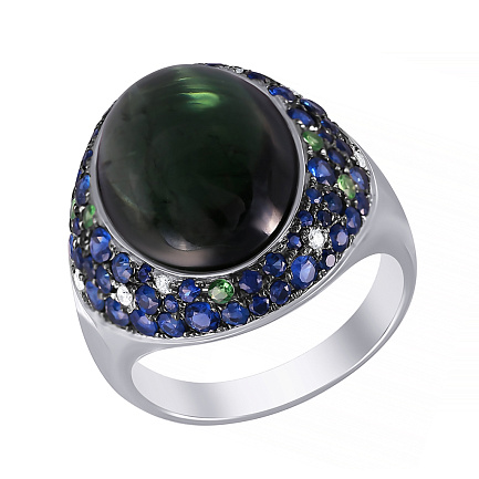 Кольцо из белого золота с бриллиантами, сапфирами