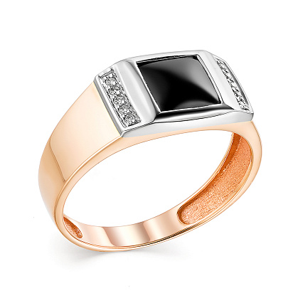 Кольцо из красного золота с бриллиантами, ониксом