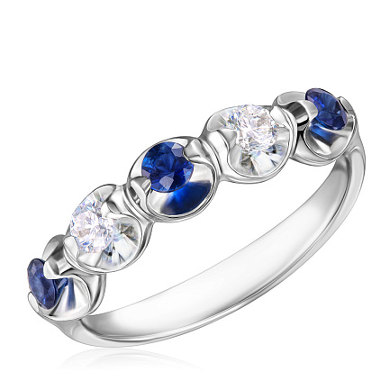 Кольцо из белого золота с бриллиантами, сапфирами