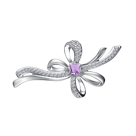 Брошь из серебра с аметистом, фианитами