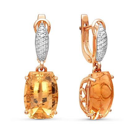 Серьги из красного золота с бриллиантами, цитринами