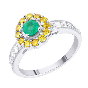 Кольцо из белого золота с бриллиантами, изумрудом