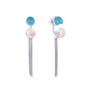 Серьги Джекеты из серебра с стеклом и жемчугом