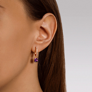 Серьги с английским замком из красного золота с аметистами