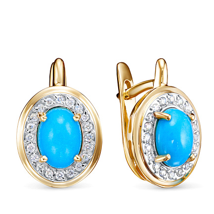 Серьги из желтого золота с бриллиантами, бирюзой