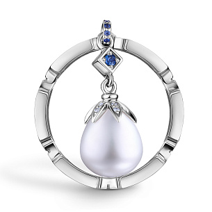 Кольцо из белого золота с бриллиантами, сапфирами и жемчугом