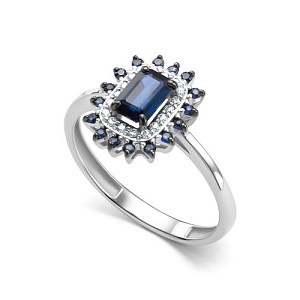 Кольцо из белого золота с бриллиантами, сапфиром